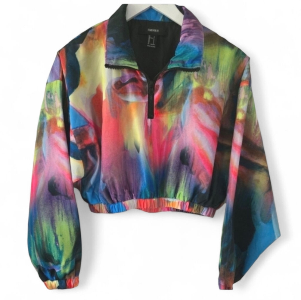 Forever 21 Abstract Print Cropped Quarter Zip Windbreaker Jacket S - Picture 2 of 8